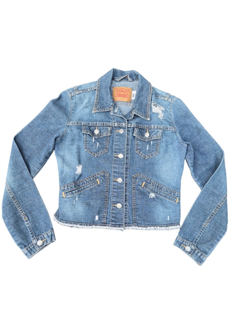 Levi's Women's Medium Distressed Denim Jacket Frayed Hem Trucker Blue Jean